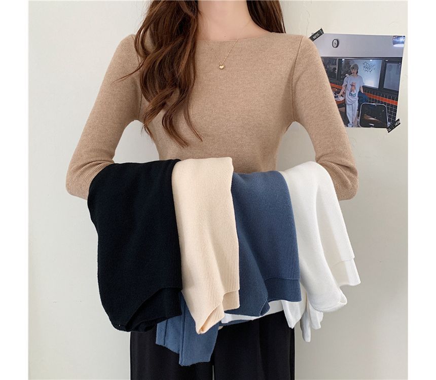 Slim-Fit Top Knit Plain Long-Sleeve
