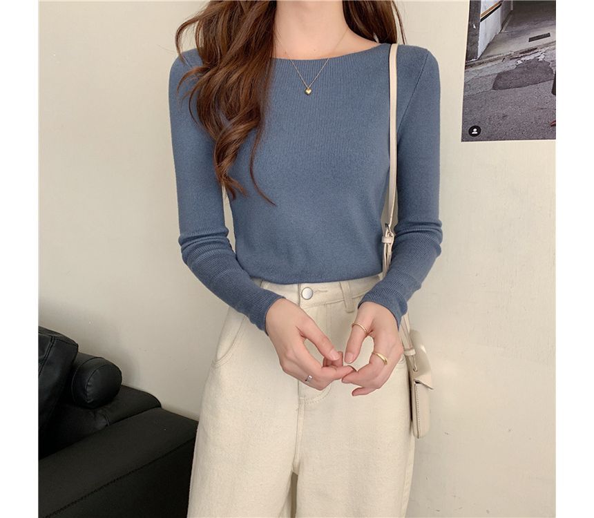 Slim-Fit Top Knit Plain Long-Sleeve