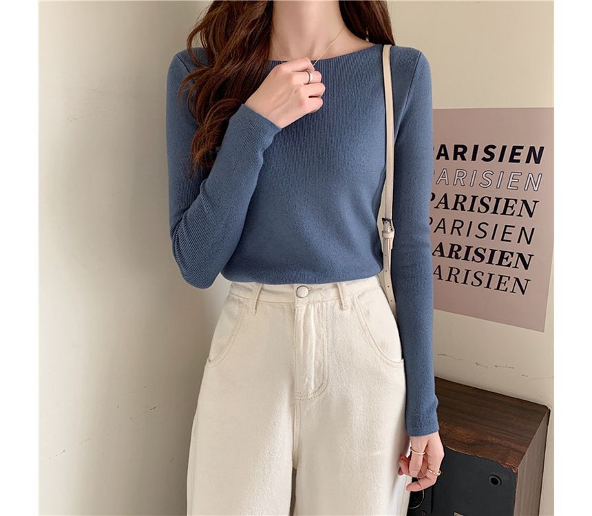 Slim-Fit Top Knit Plain Long-Sleeve