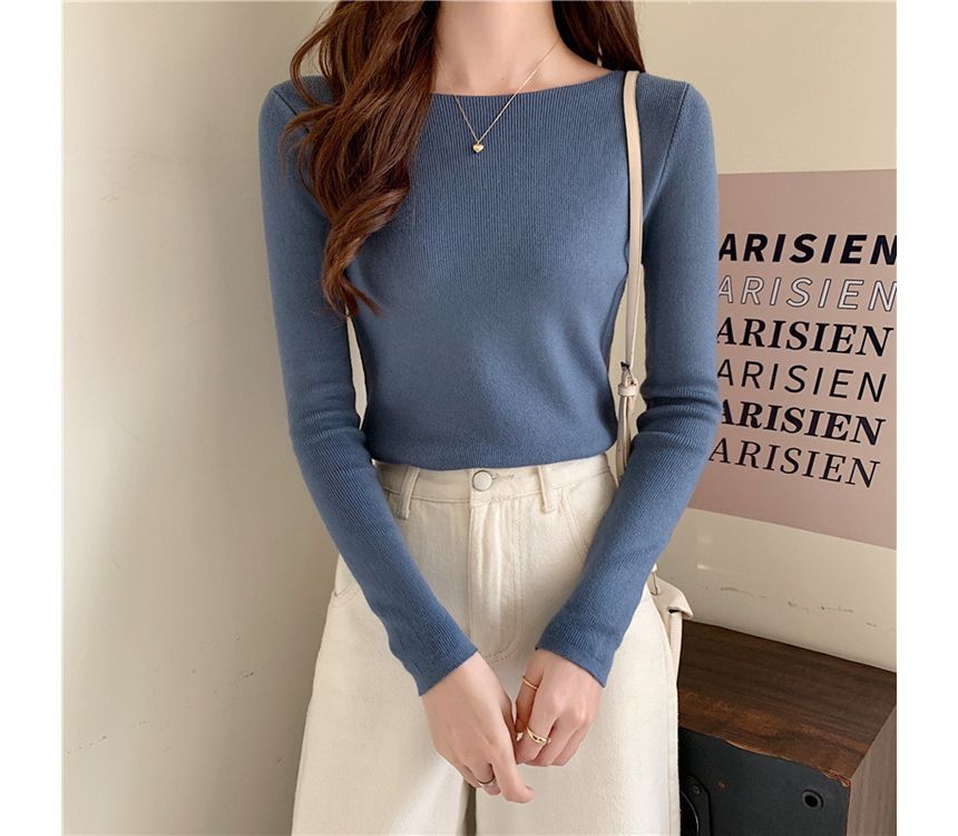Slim-Fit Top Knit Plain Long-Sleeve