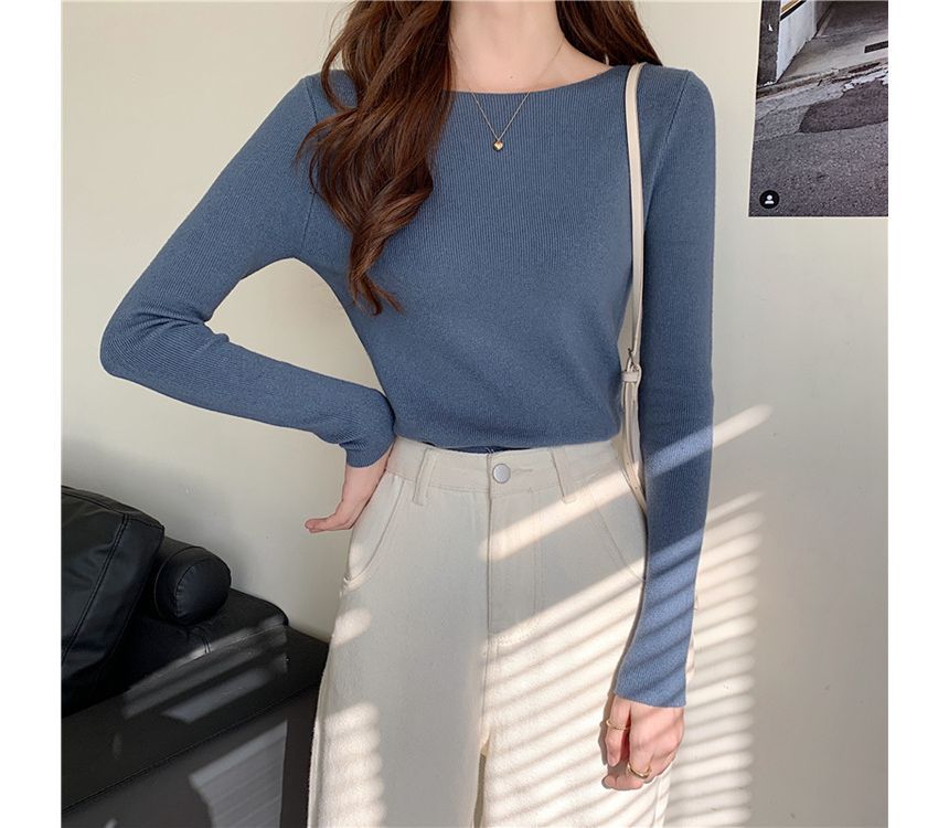 Slim-Fit Top Knit Plain Long-Sleeve