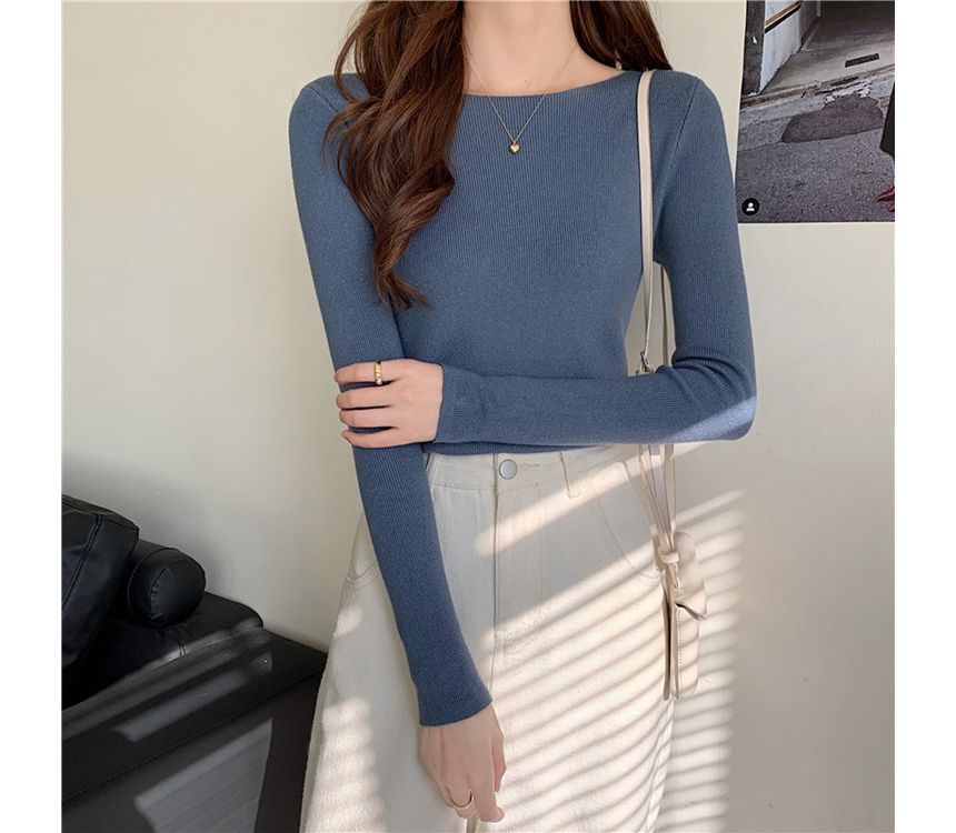 Slim-Fit Top Knit Plain Long-Sleeve