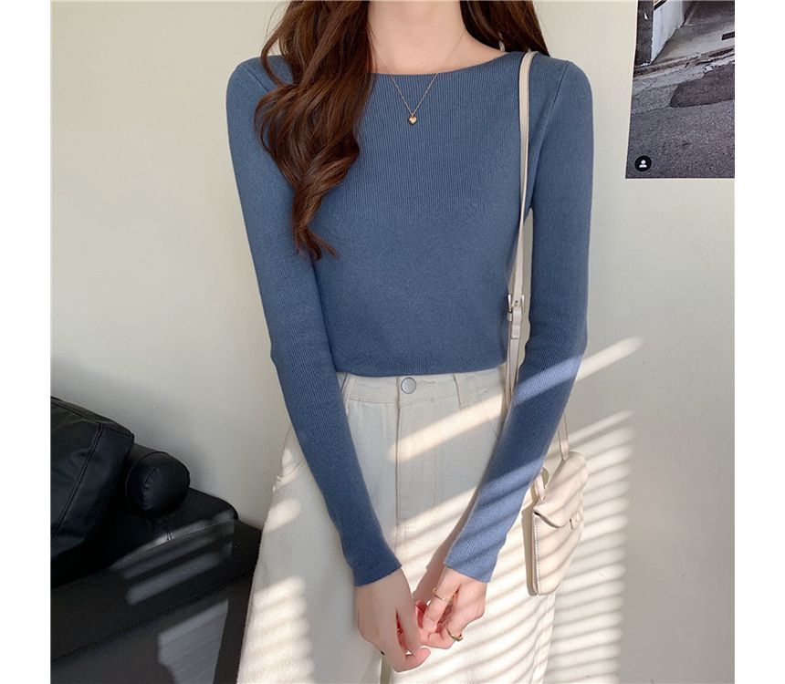 Slim-Fit Top Knit Plain Long-Sleeve
