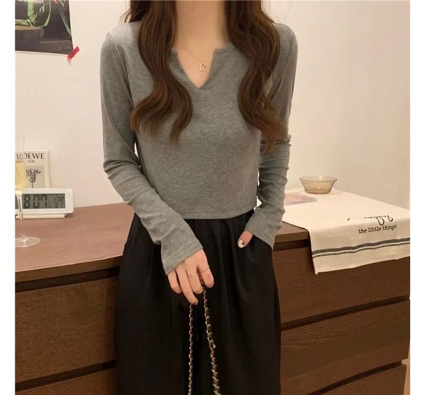 T-Shirt Plain Neck Long-Sleeve Notch