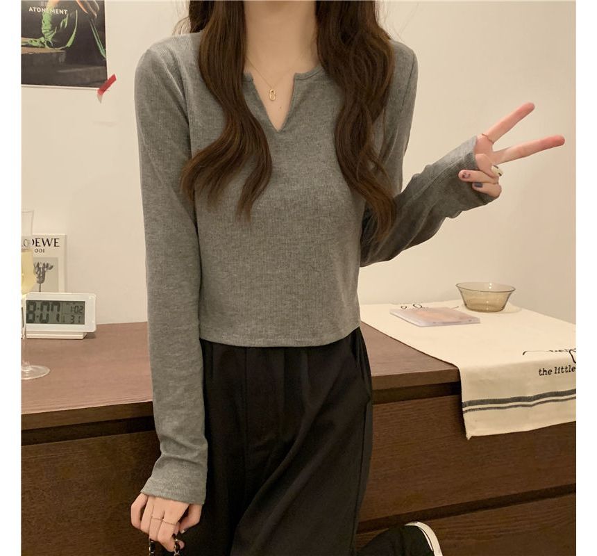 T-Shirt Plain Neck Long-Sleeve Notch