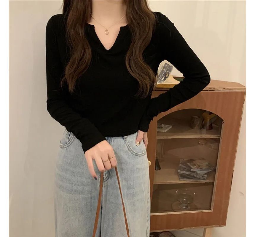 T-Shirt Plain Neck Long-Sleeve Notch