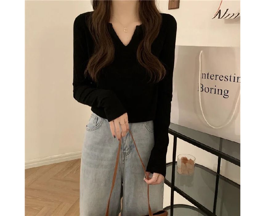 T-Shirt Plain Neck Long-Sleeve Notch