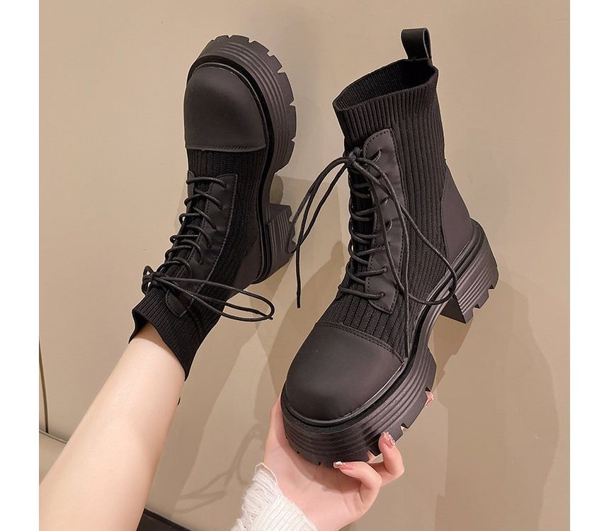 Short Platform Faux Lace-Up Boots Panel Leather Knit