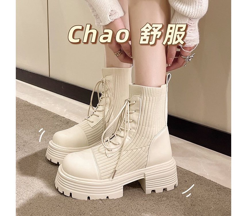 Short Platform Faux Lace-Up Boots Panel Leather Knit