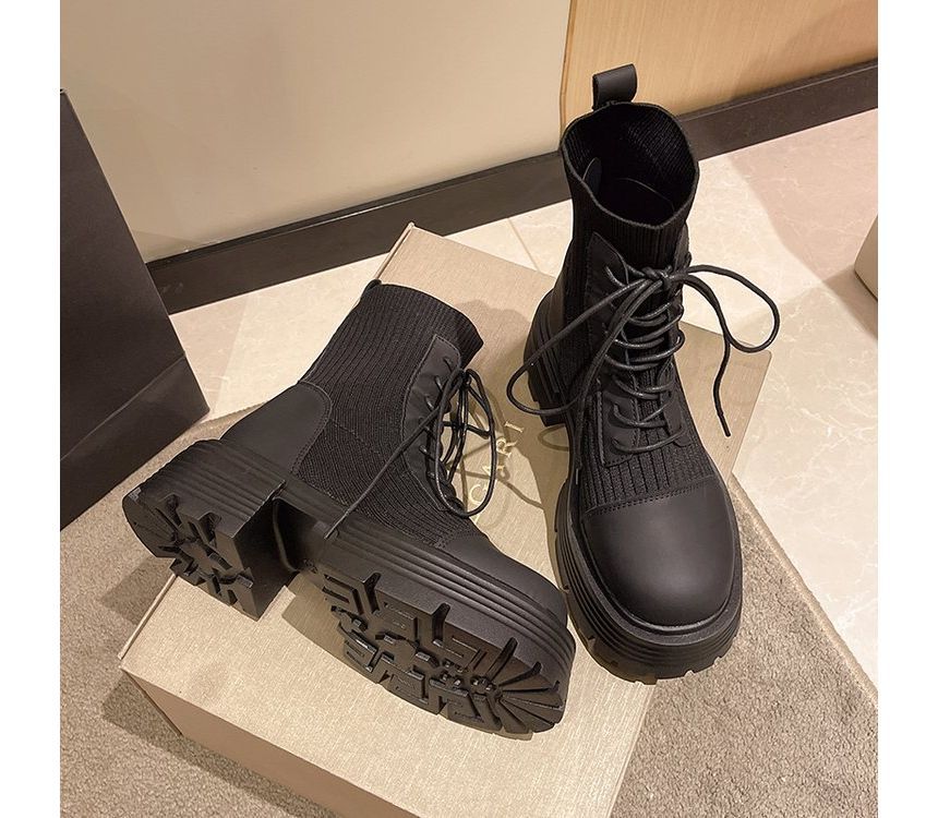 Short Platform Faux Lace-Up Boots Panel Leather Knit