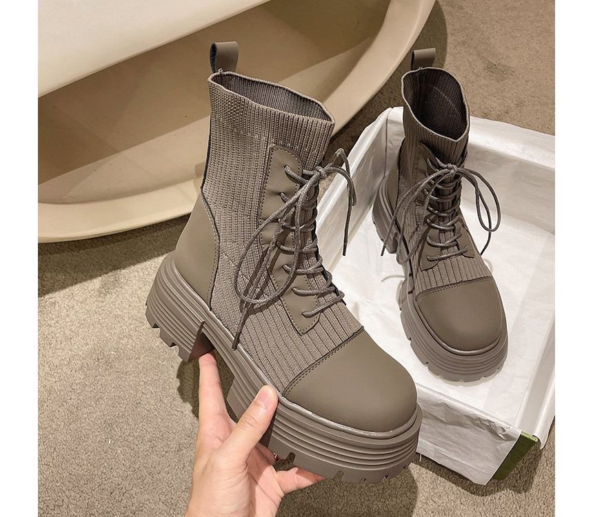 Short Platform Faux Lace-Up Boots Panel Leather Knit
