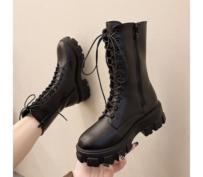 Short Platform Leather Faux Boots Lace-Up