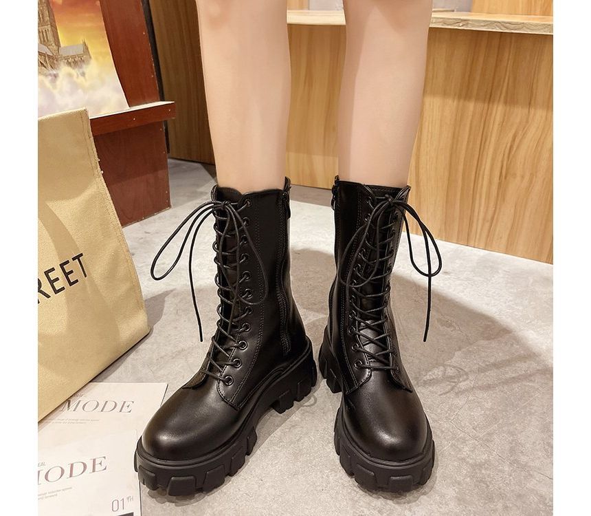 Short Platform Leather Faux Boots Lace-Up