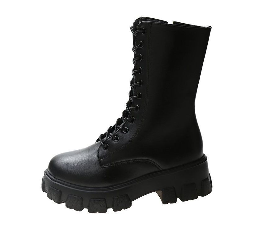 Short Platform Leather Faux Boots Lace-Up