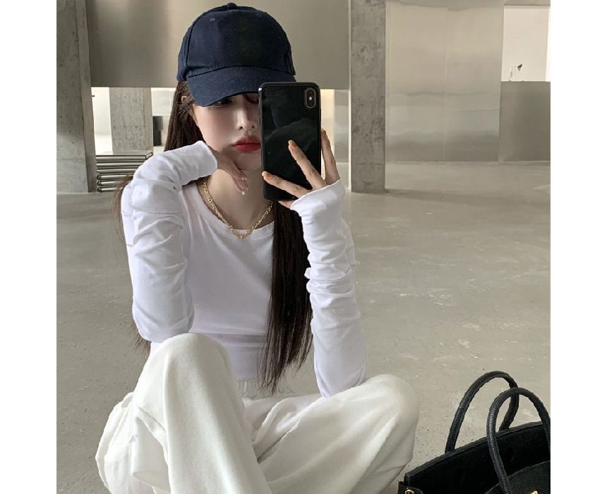 Long-Sleeve Fit Tee Crop Round Plain Neck Slim