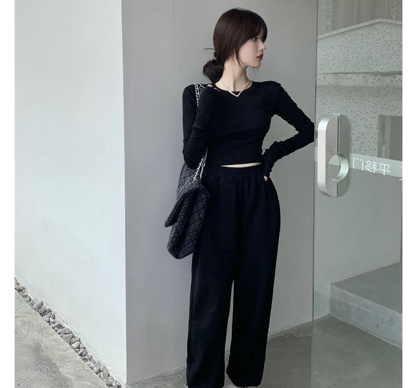 Long-Sleeve Fit Tee Crop Round Plain Neck Slim