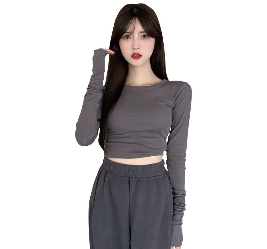 Long-Sleeve Fit Tee Crop Round Plain Neck Slim