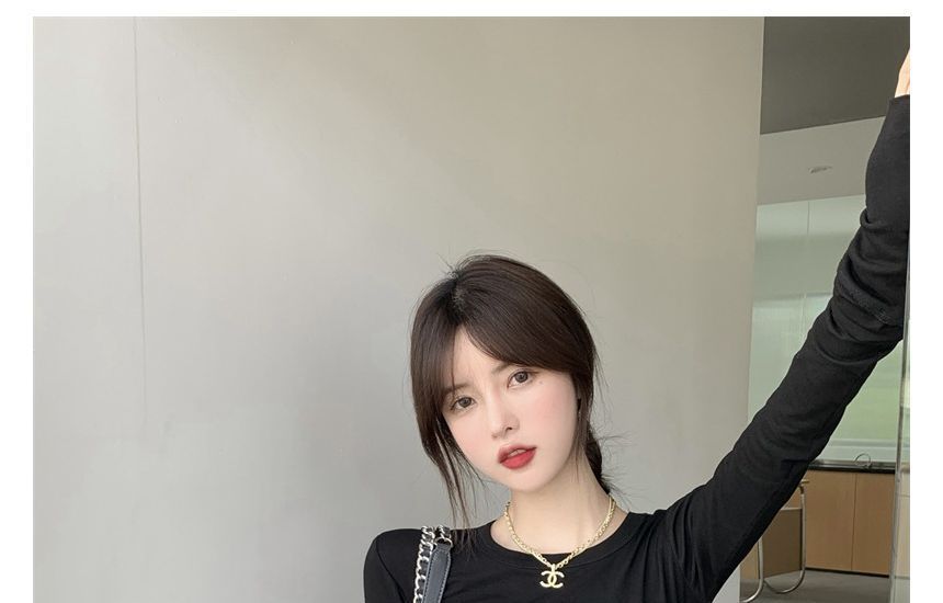 Long-Sleeve Fit Tee Crop Round Plain Neck Slim