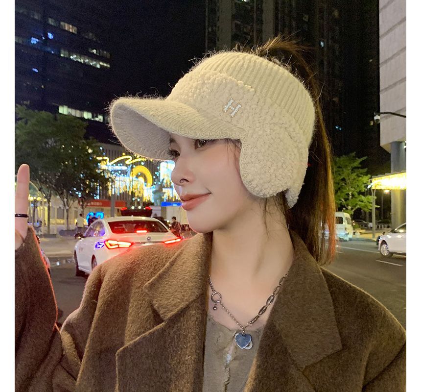 Lettering Faux Visor Knit Hat Shearling Panel