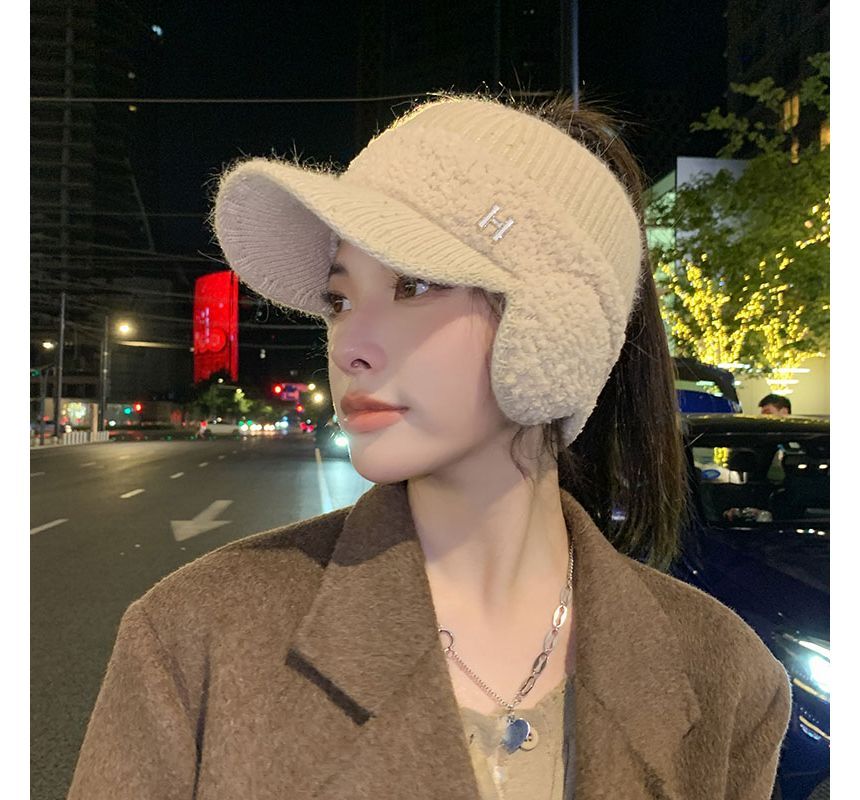 Lettering Faux Visor Knit Hat Shearling Panel