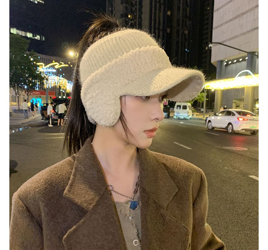 Lettering Faux Visor Knit Hat Shearling Panel