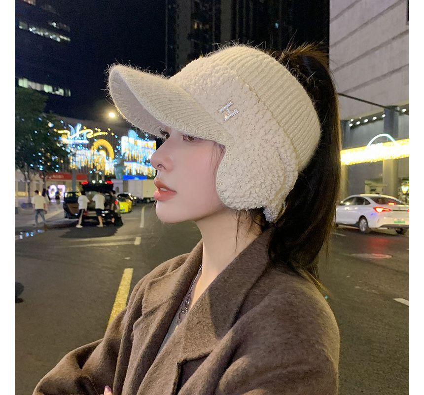 Lettering Faux Visor Knit Hat Shearling Panel