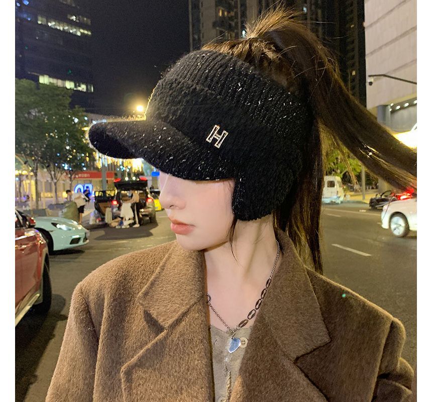 Lettering Faux Visor Knit Hat Shearling Panel