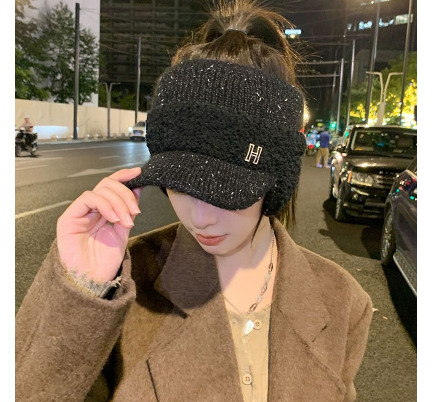 Lettering Faux Visor Knit Hat Shearling Panel