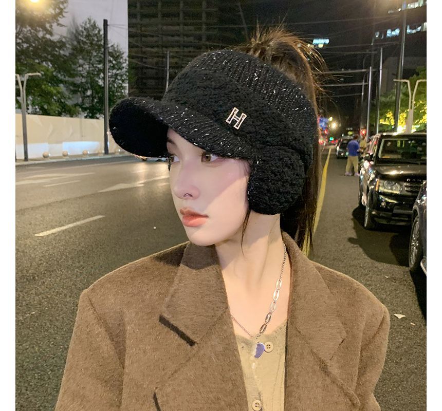 Lettering Faux Visor Knit Hat Shearling Panel