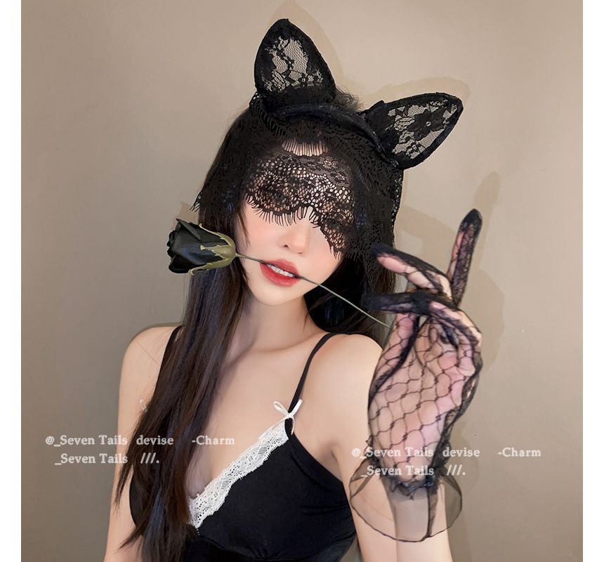 Cat Ear Lace Headband with Veil / Gloves / Set