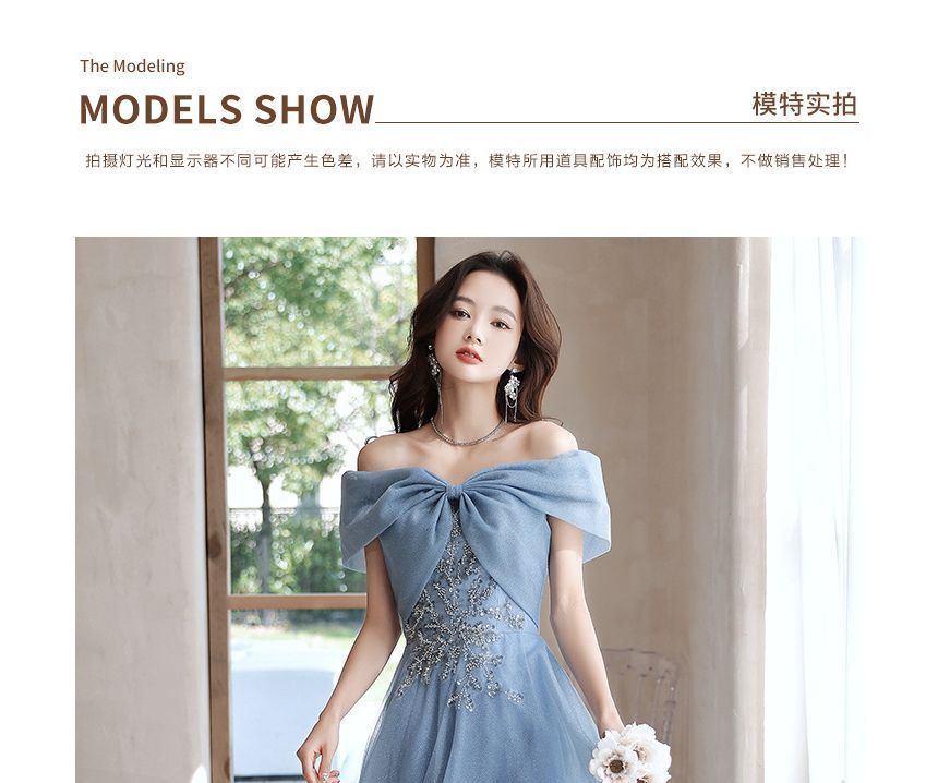 Midi Off-Shoulder Evening Gown Sequin A-Line Dress /