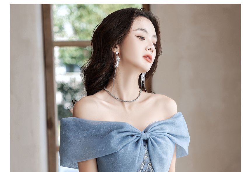 Midi Off-Shoulder Evening Gown Sequin A-Line Dress /