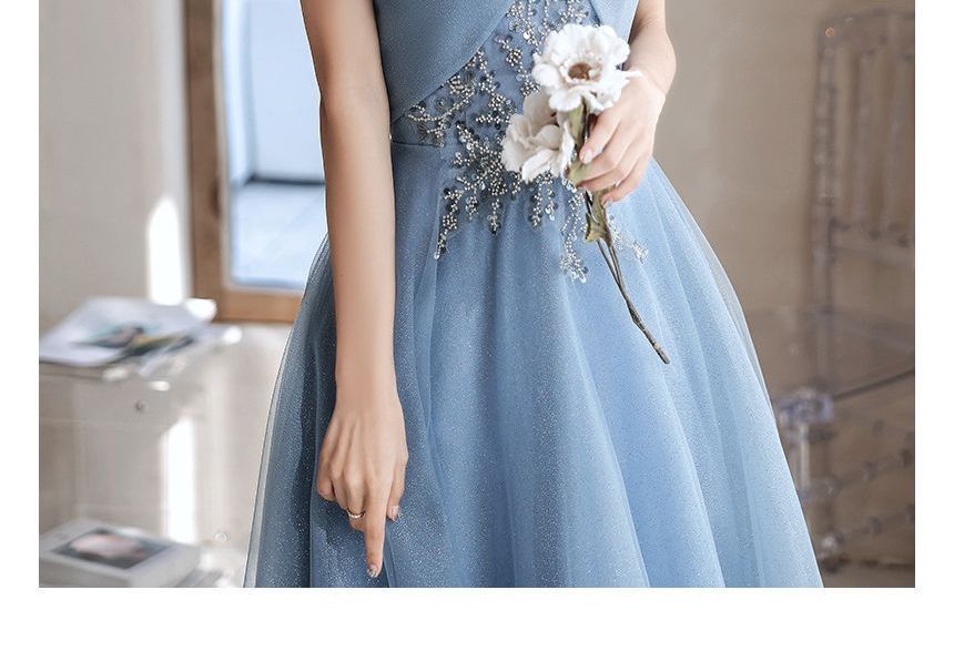 Midi Off-Shoulder Evening Gown Sequin A-Line Dress /