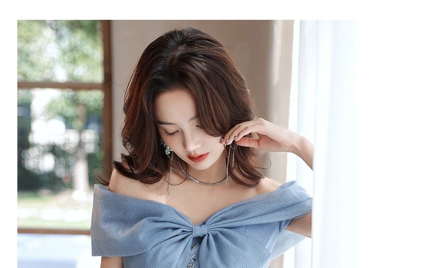 Midi Off-Shoulder Evening Gown Sequin A-Line Dress /