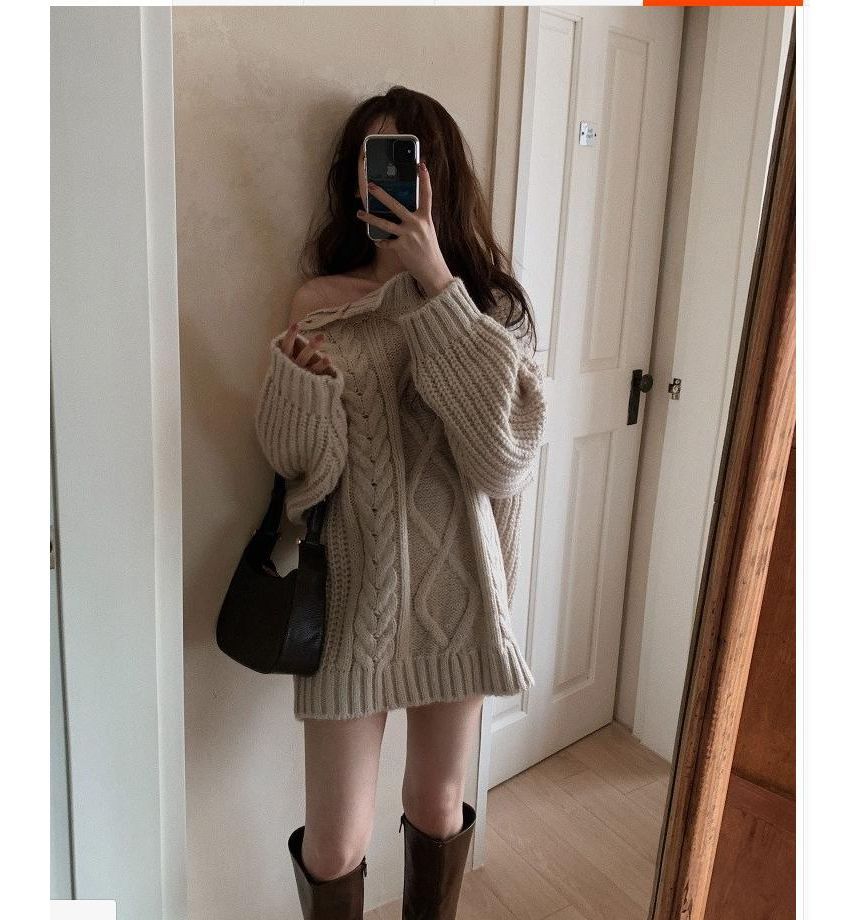 Crew Neck Button Cable Knit Sweater