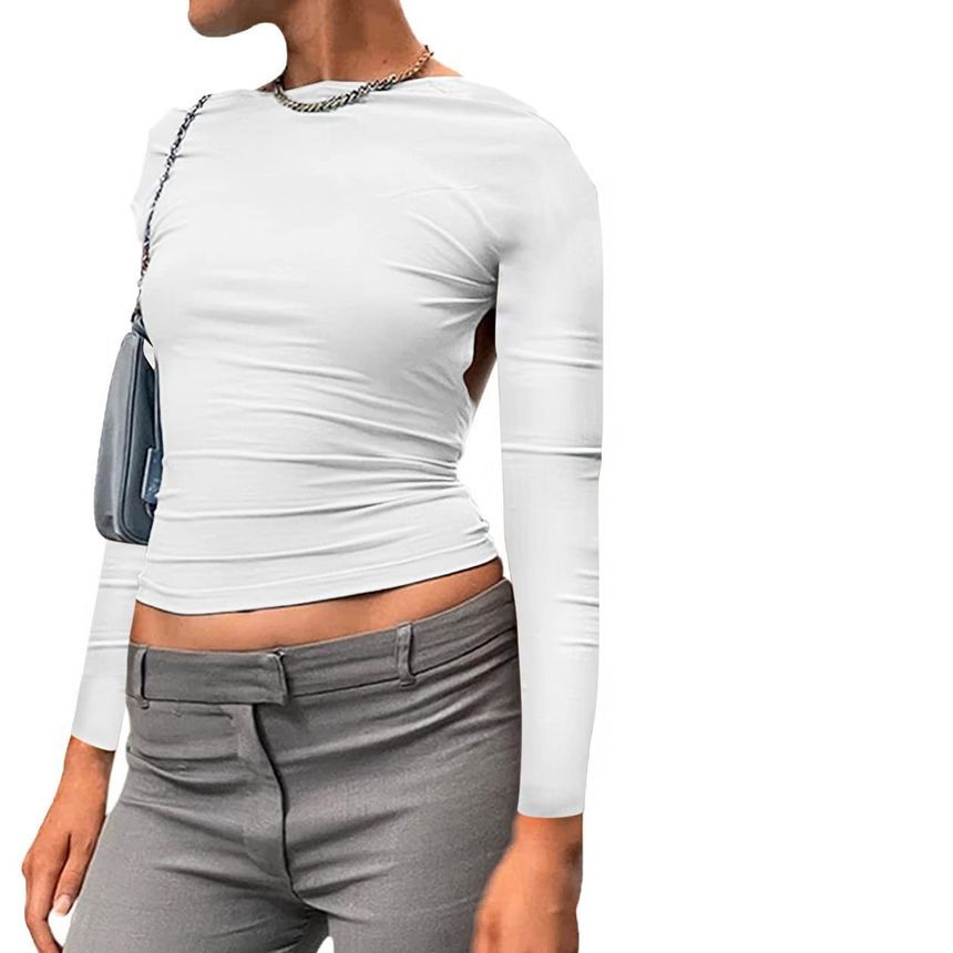 T-Shirt Plain Boat Backless Neck Two Long-Sleeve Way Crop