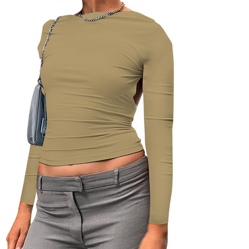 T-Shirt Plain Boat Backless Neck Two Long-Sleeve Way Crop