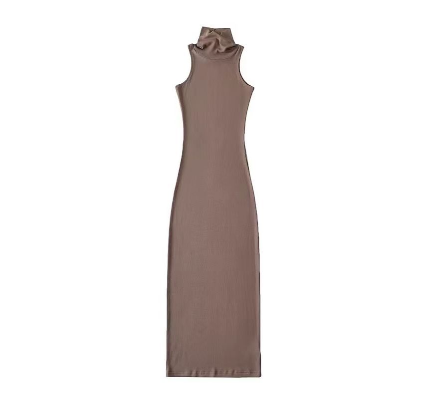 Dress Plain Sleeveless Turtleneck Slim-Fit