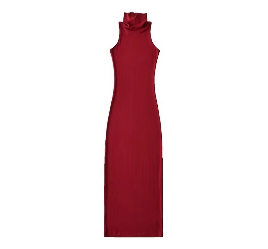 Dress Plain Sleeveless Turtleneck Slim-Fit