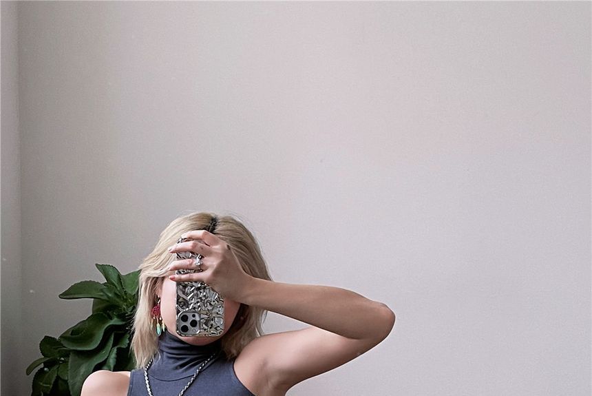 Dress Plain Sleeveless Turtleneck Slim-Fit