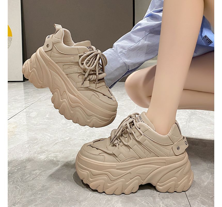 Plain Faux Sneakers Lettering Fleece-Lined Platform Leather Print