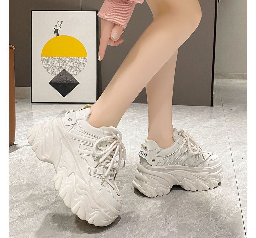 Plain Faux Sneakers Lettering Fleece-Lined Platform Leather Print