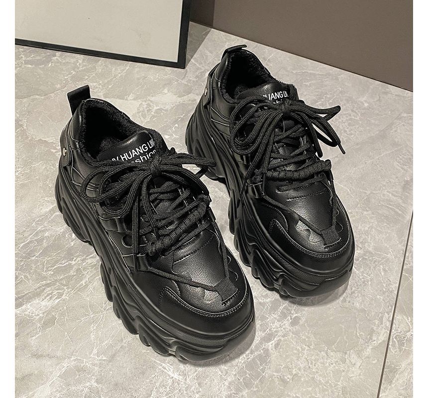 Plain Faux Sneakers Lettering Fleece-Lined Platform Leather Print