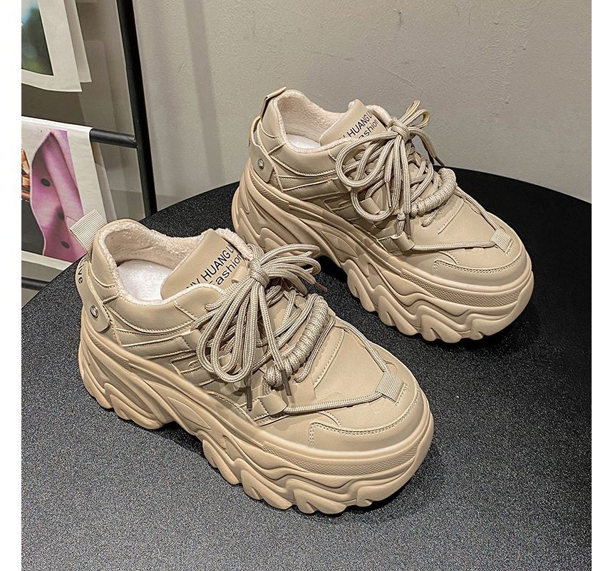 Plain Faux Sneakers Lettering Fleece-Lined Platform Leather Print