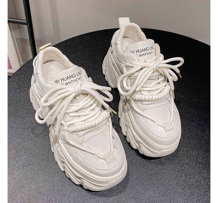 Plain Faux Sneakers Lettering Fleece-Lined Platform Leather Print