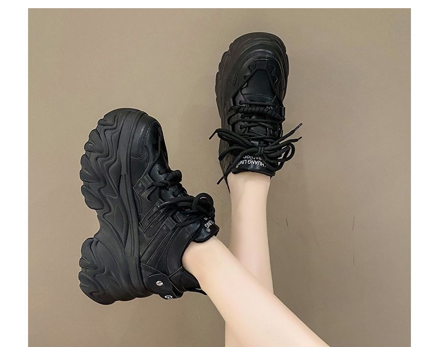 Plain Faux Sneakers Lettering Fleece-Lined Platform Leather Print