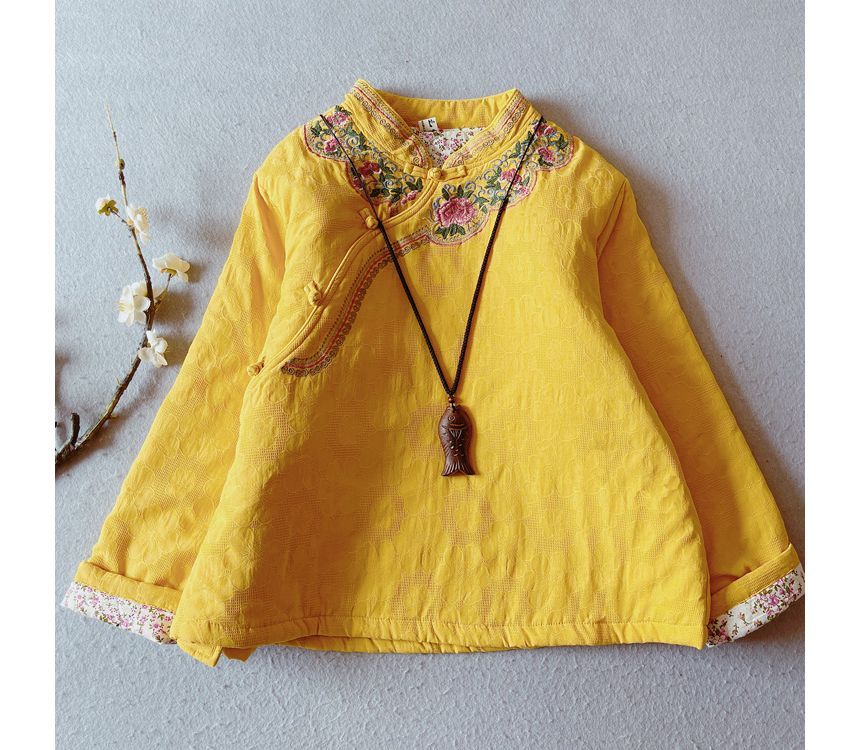 Mandarin Collar Floral Embroidered Frog Button Jacket