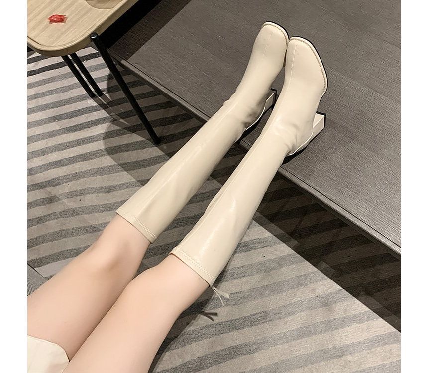 Leather Block-Heel Faux Tall Boots