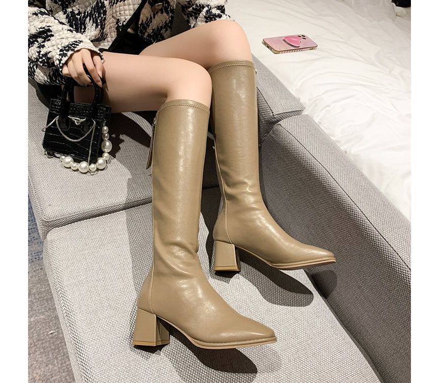 Leather Block-Heel Faux Tall Boots