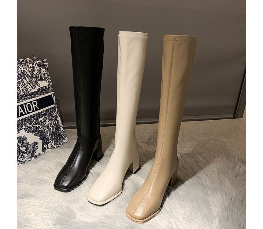 Leather Block-Heel Faux Tall Boots